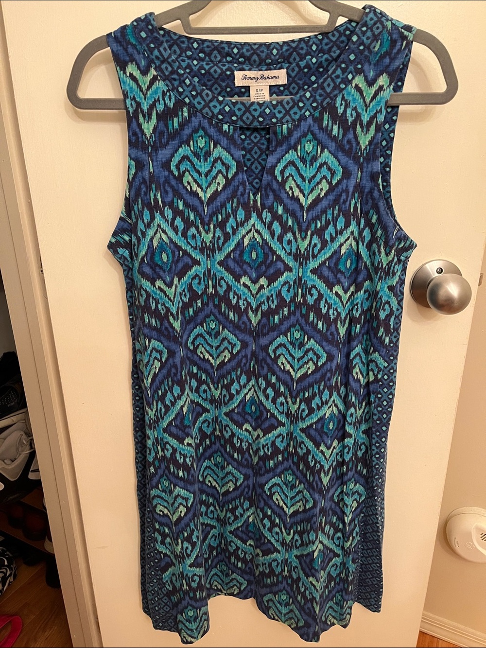Tommy Bahama Teal and Navy Sleeveless Ikat-Print Midi Dress